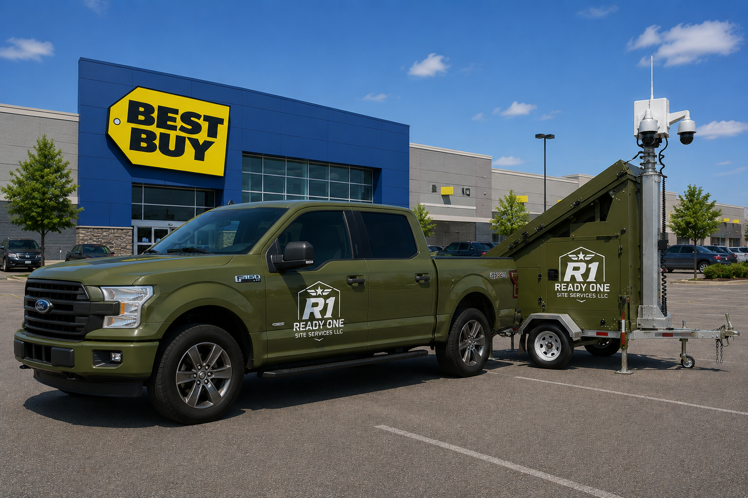 R1 Ready One Site Services LLC — olive green F-150 towing surveillance trailer in parking lot